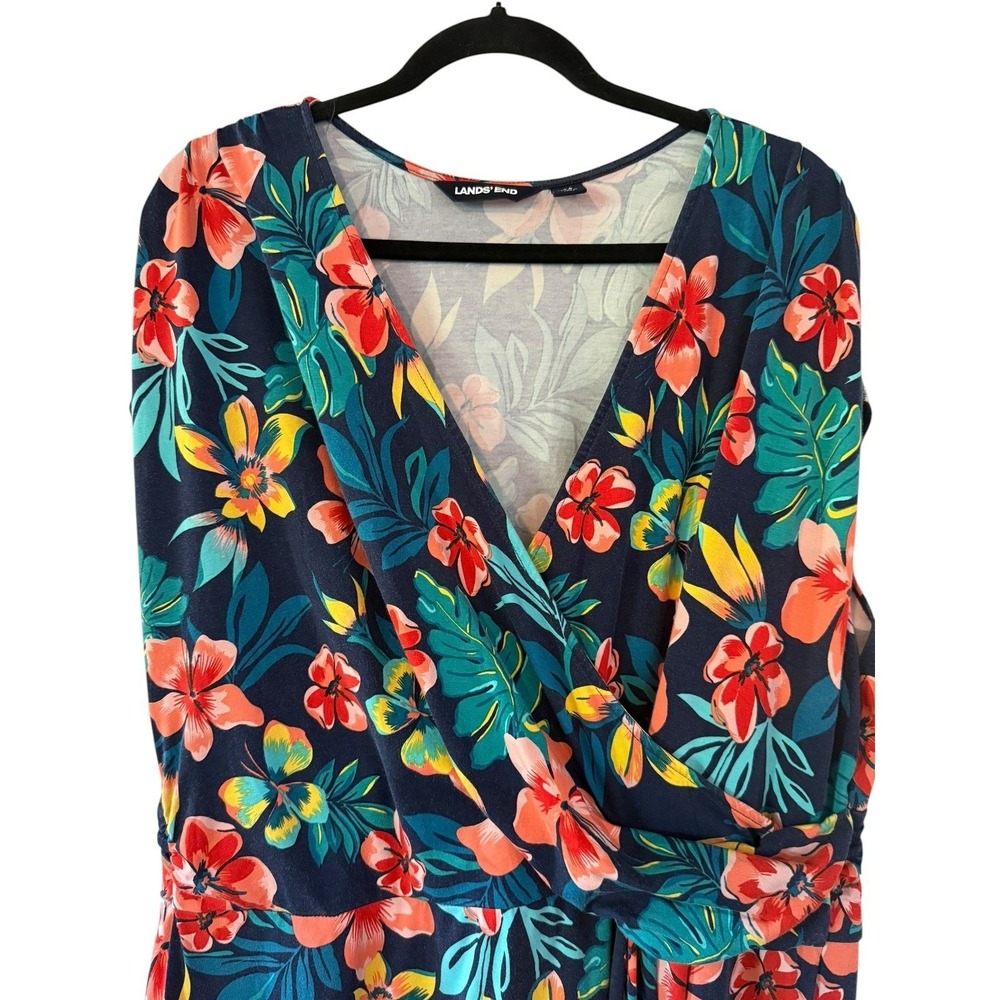 Lands' End Faux Wrap Dress 2X Plus Blue Tropical Floral Cap Sleeve Knit Midi - Picture 2 of 7